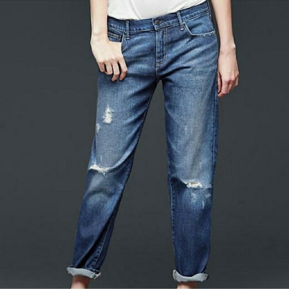 GAP Denim - Gap Sexy Boyfriend Cotton Distressed Mid-Rise Denim Jeans Dark Indigo 30 Petite